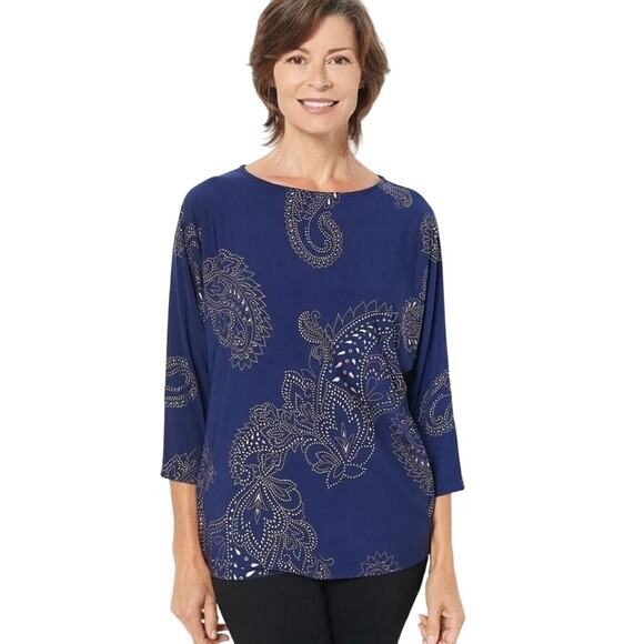 Susan Graver Tops - Susan Graver Regular Foil-Printed Liquid Knit Tunic INDIGO NWOT SIZE S